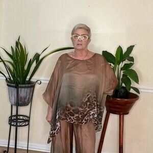Italian Satin Top and Palazzo Pant Set | Tan | Leopard Print | Made In Italy